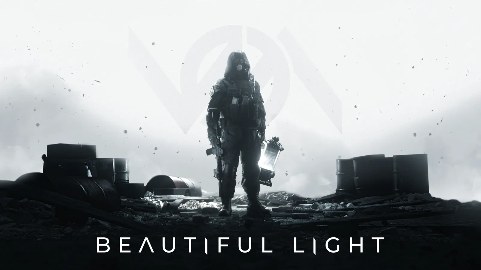 Official key art: a lone operator in a gas mask stands in a bleached, smoke-filled ruin, holding a glowing lantern.