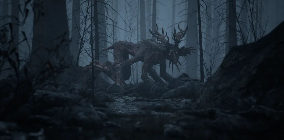 Official render: an antlered, emaciated creature crouches among bare trees in a dark forest.