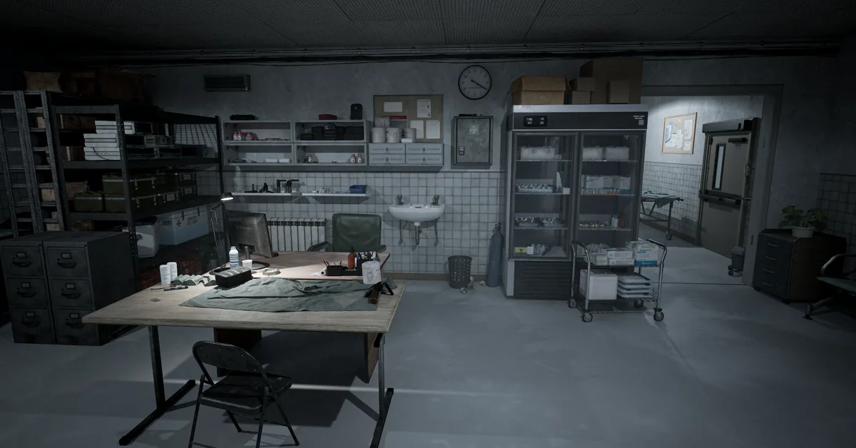 Official screenshot: a lit medical room with shelving, a workbench and supply cabinets.